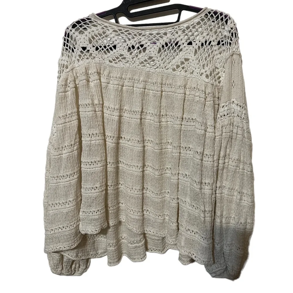 Free People Bohemian Cream Balloon Long Sleeve Knit Top Linen Blend Size XS